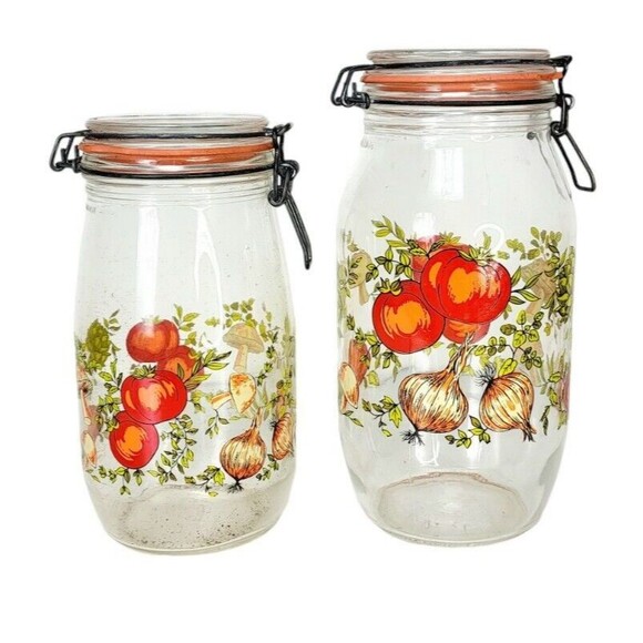 VTG 70s MCM Spice of Life CorningWare Glass Mushroom Vegetable Jars 1.5  2 liter - Picture 3 of 13